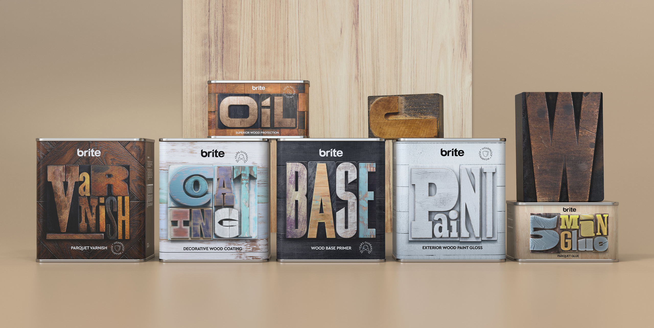 Depot team created a distinctive packaging design for the brand Brite that will not only help the consumer choose the right product, but also highlight the brand’s passion for wood.